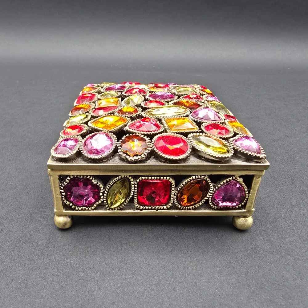 Vintage Style Bejeweled Jewelry Box Bronze Tone Multi Color Gemstone Trinket Box
